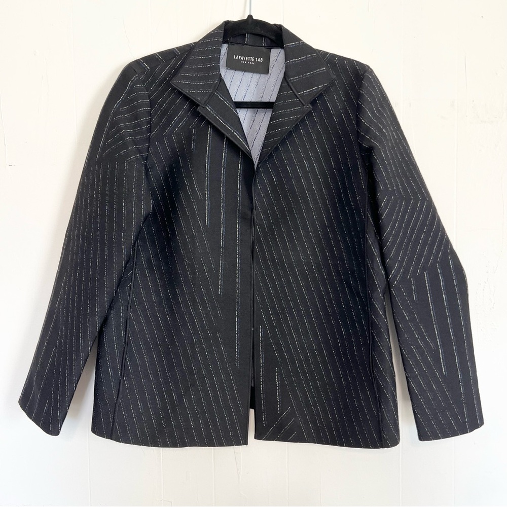 Lafayette‎ 148 Wool Silk Blend Jacket Black Navy Striped Est Size 6 Small
